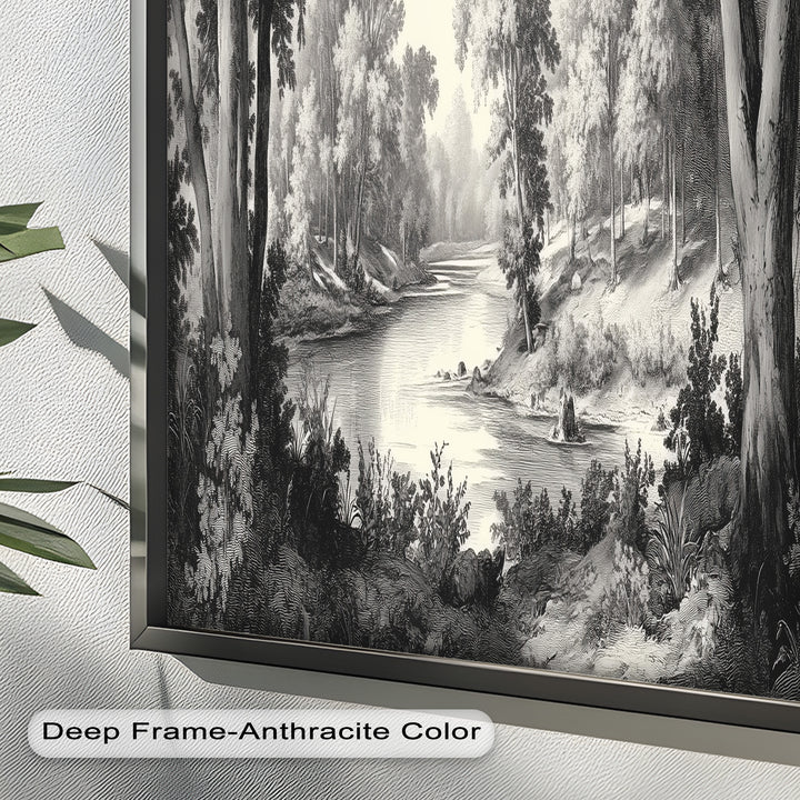 Zeitloser Waldfluss – Monochromes Landschaftsölgemälde