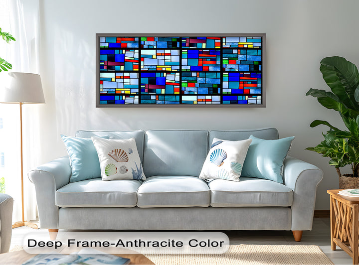 A dynamic grid of wooden panels in primary colors and textured blues, arranged in a symmetrical layout.