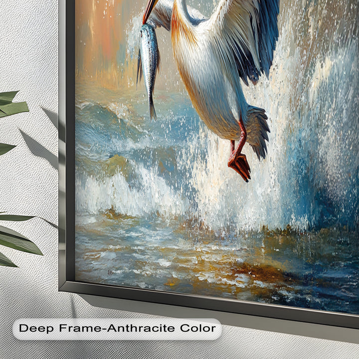 Pelican Catching Fish in Ocean Surf – Animal Oil Painting