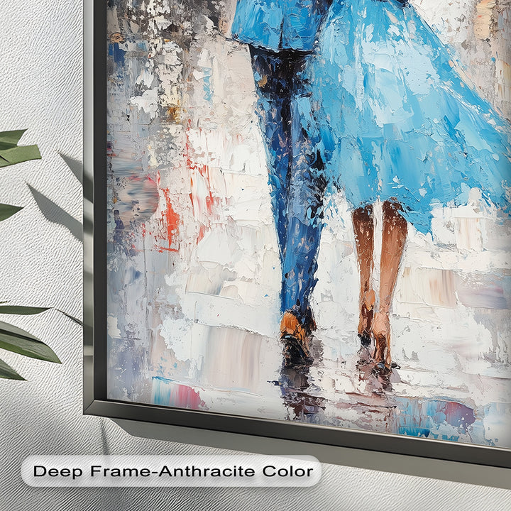 Romantic Couple Strolling in Rain - Love Oil Painting