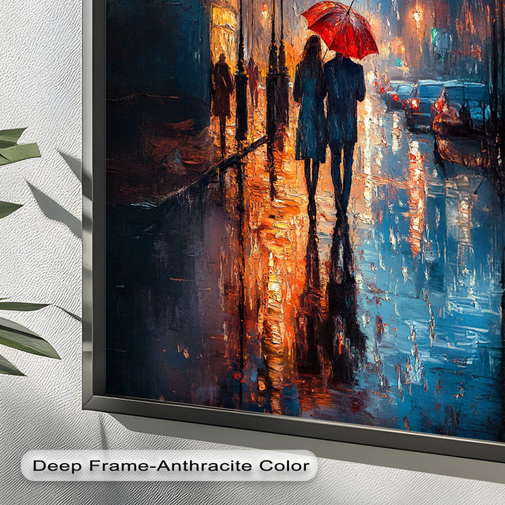 Lovers in the Rain – Romantic Night Street Oil Painting