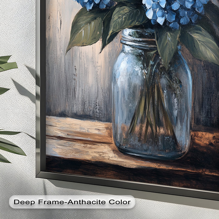 Blaue Gelassenheit – Hortensienblüten im Einmachglas, Blumenölgemälde