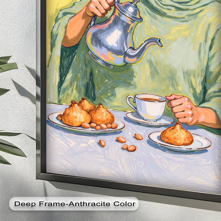 Woman Pouring Tea with Traditional Sweets - Food Painting