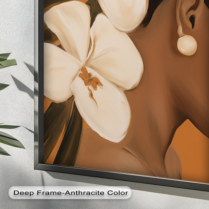 Afrikanische Frau mit Orchideen – Gerahmtes Ölgemälde