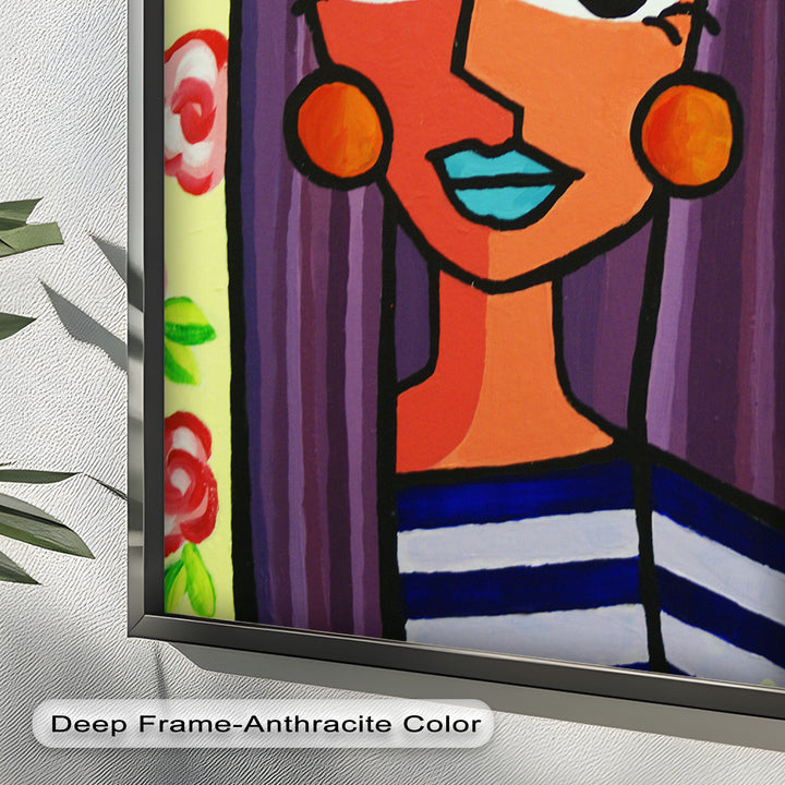 Striped Radiance – Playful Woman with Purple Hair Picasso Oil Painting
