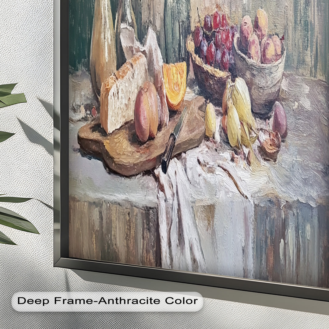 Rustic Fruit & Bread Still Life – Framed Oil Painting