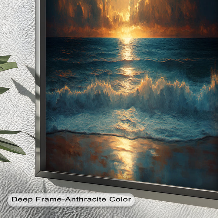 Ocean Night Wall Art Decor - Full Moon Seascape Oil Painting