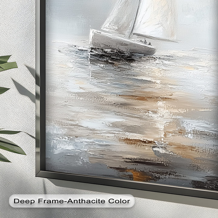 Sailing Through the Mist – White Boat Oil Painting