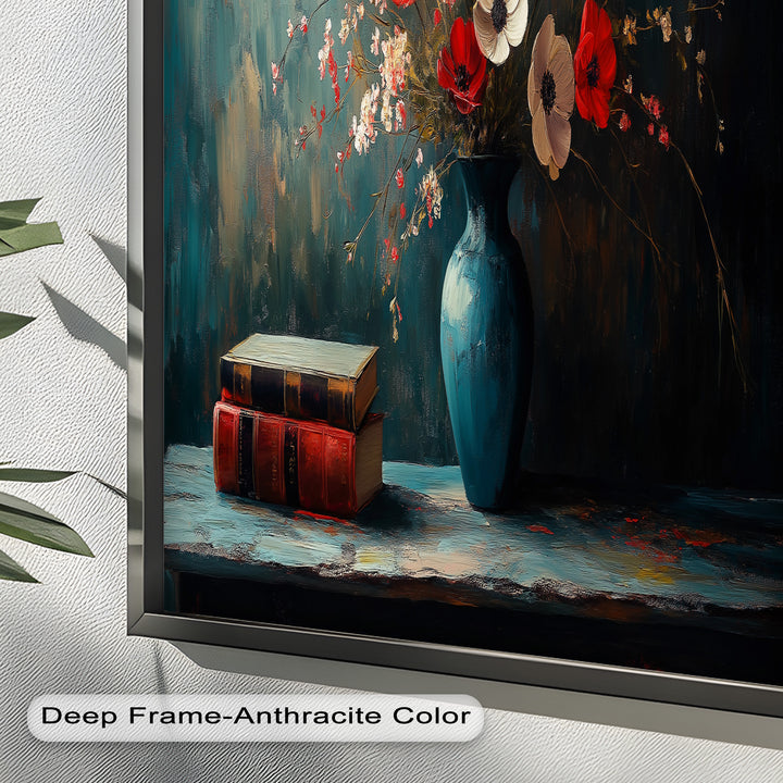 Vibrant Floral Vase with Books – Botanical Oil Paintings