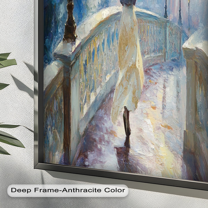Woman with Umbrella on Cobblestone Bridge – Oil Painting