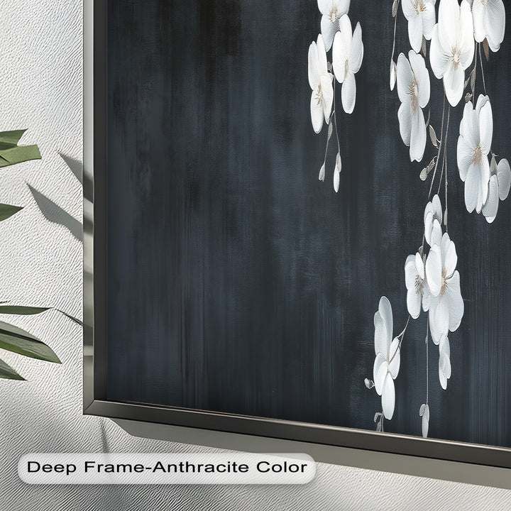 White Cherry Flowers on Midnight Blue - Flower Oil Painting