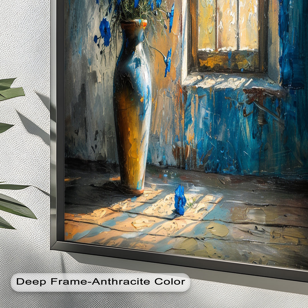 Blue Flowers in Vase – Rustic Still Life Oil Painting