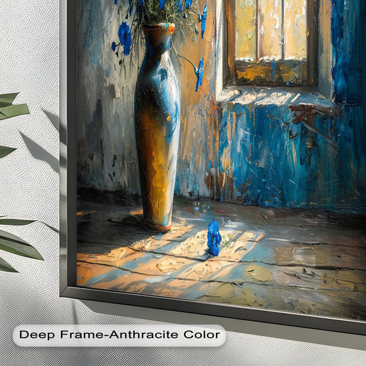 Blue Flowers in Vase – Rustic Still Life Oil Painting