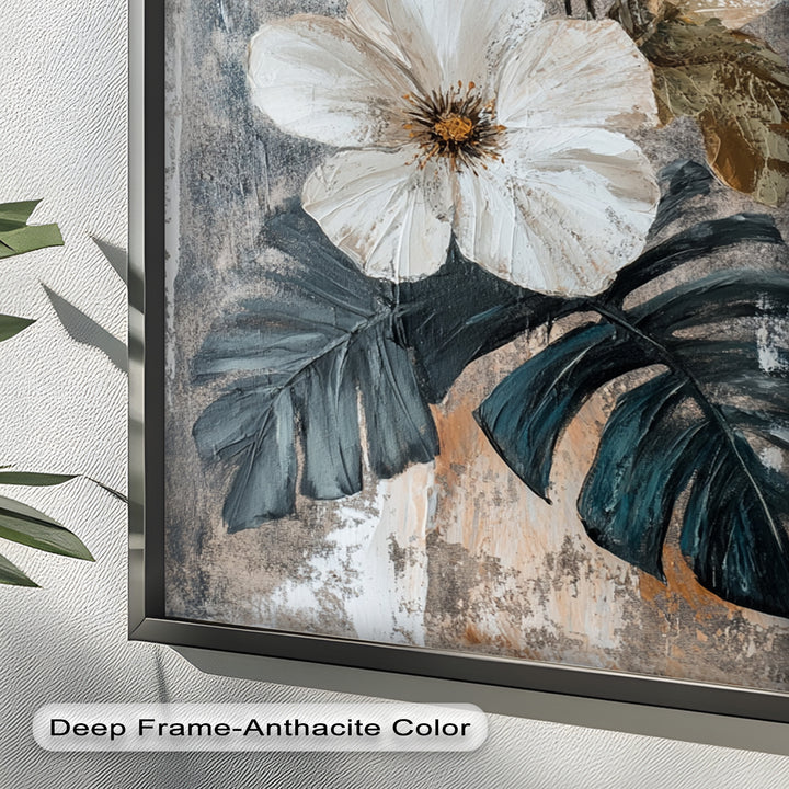White Bloom and Tropical Leaves - Flower Oil Painting