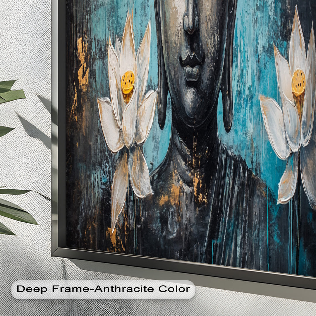 Teal Buddha with Lotus Flowers – Religious Oil Painting