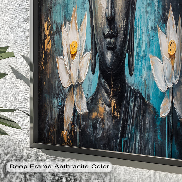 Teal Buddha with Lotus Flowers – Religious Oil Painting
