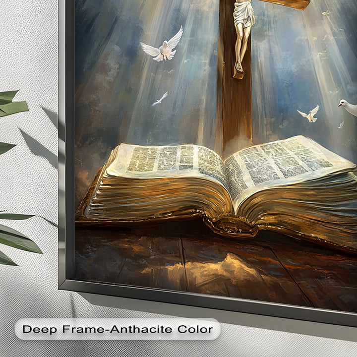Jesus on the Cross with Open Bible and Doves - Oil Painting