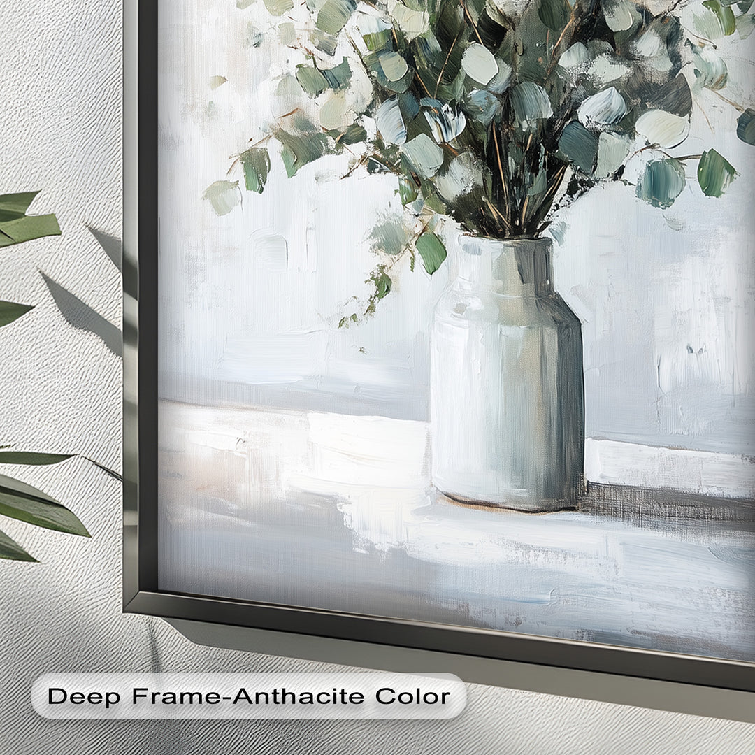 Eucalyptus Essence – Minimalist Greenery in Ceramic Vase Oil Painting