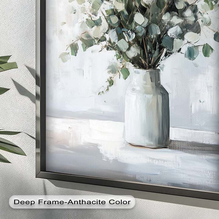 Eucalyptus Essence – Minimalist Greenery in Ceramic Vase Oil Painting