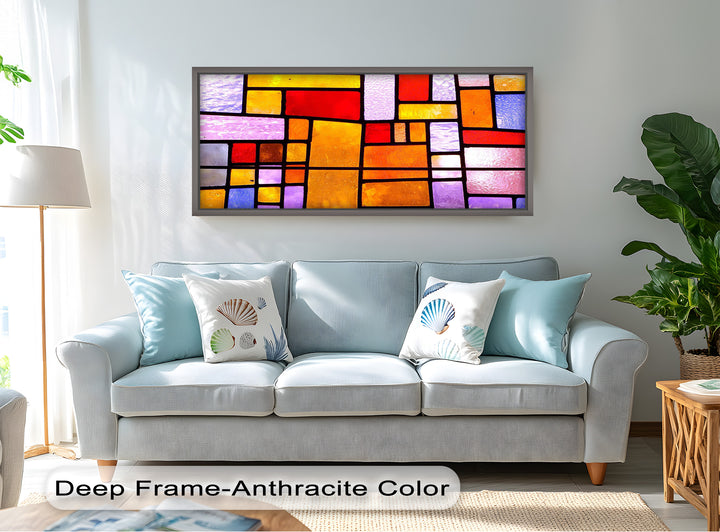 An abstract stained glass Look composition with a Mondrian-inspired grid of warm and cool colors in dynamic balance.