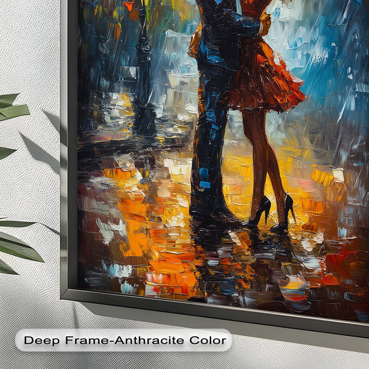 Evening Embrace – Romantic Rainy Street Scene Love Oil Painting