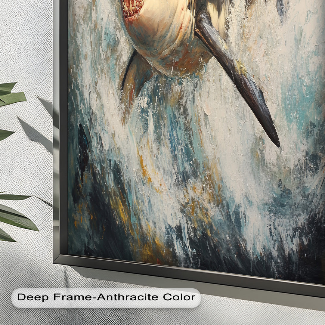 Ferocious Great White Shark Leaping Through Waves - Animal Oil Painting