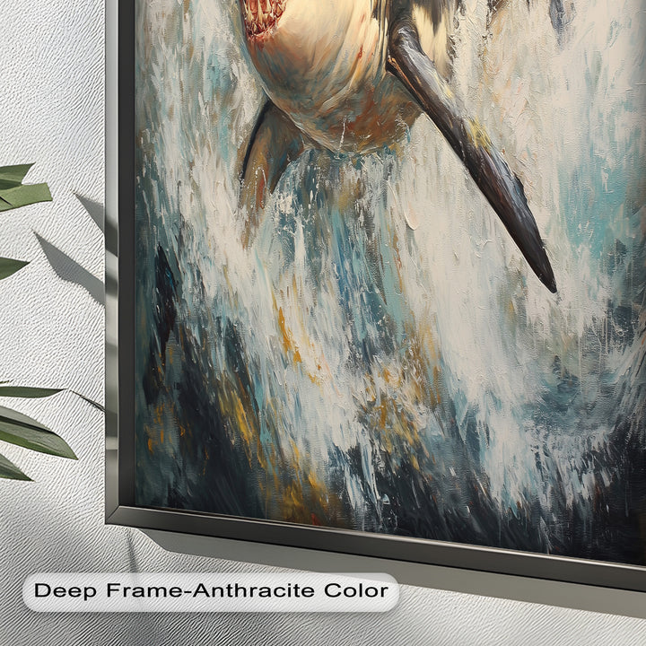 Ferocious Great White Shark Leaping Through Waves - Animal Oil Painting