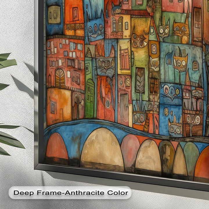 Whimsical Cat Cityscape – Surreal Architecture and Feline Picasso Oil Painting