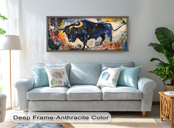Fierce Blue Bull in Motion – Abstract Oil Painting