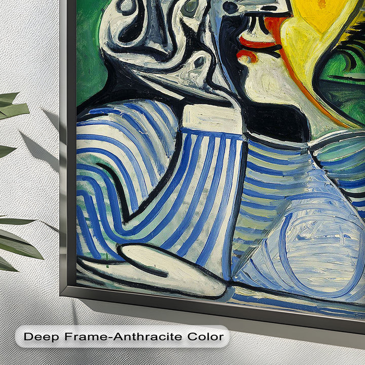 Nachdenklicher Blick – Gestreifte Frau mit Sonnenhut Picasso Ölgemälde