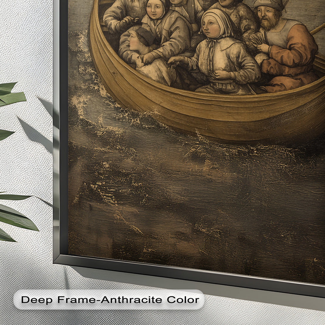 Medieval Sailors in Wooden Vessel - Historic Oil Painting