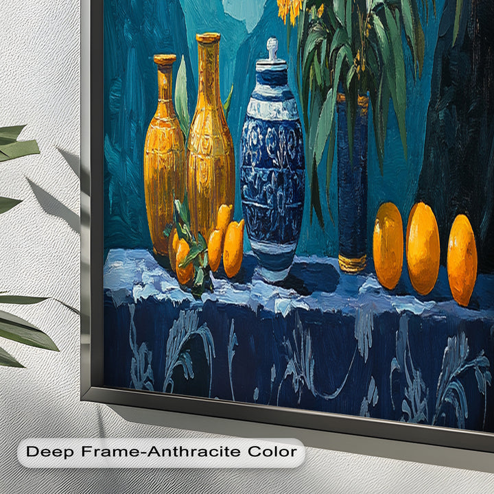 Blue & Yellow Vase Citrus Still Life – Framed Oil Painting