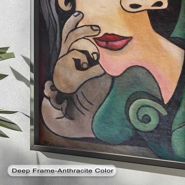 Whimsical Bloom – Surreale Frau mit gelber Blume Picasso Ölgemälde