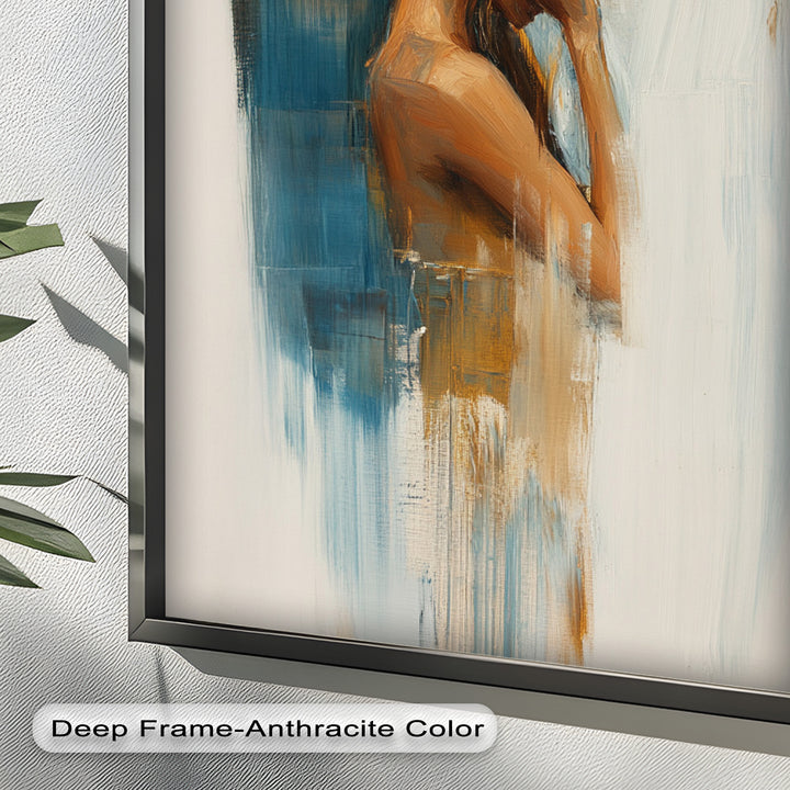 Veil of Thought – Introspective Woman in Blue and Gold Abstract Oil Painting