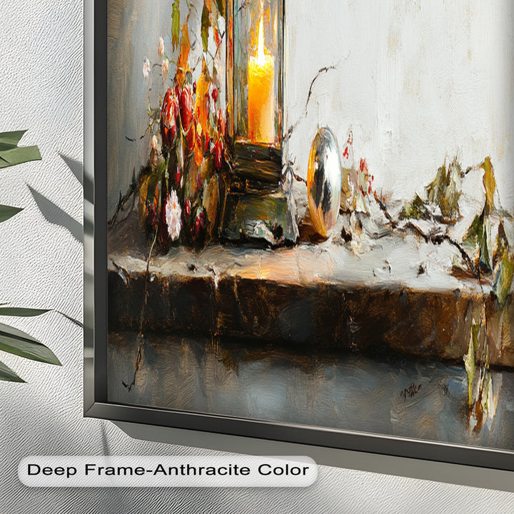 Bronze Candle Lantern Art – Winter Decor Oil Painting