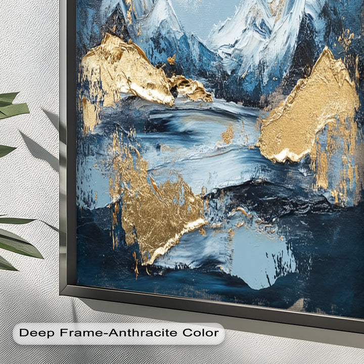 Arctic Peaks – Abstraktes Ölgemälde mit Bergmotiven in Blau und Gold