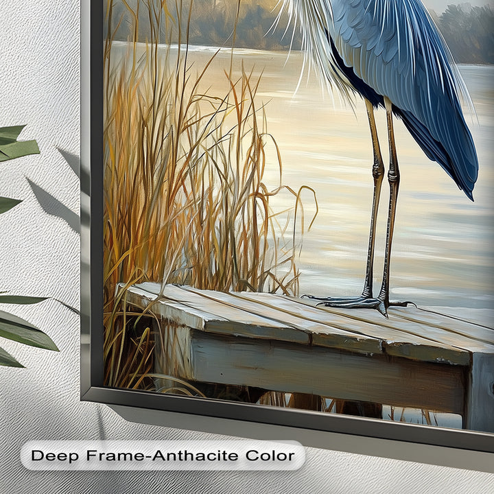 Majestic Heron in Misty Marshland - Animal Oil Painting