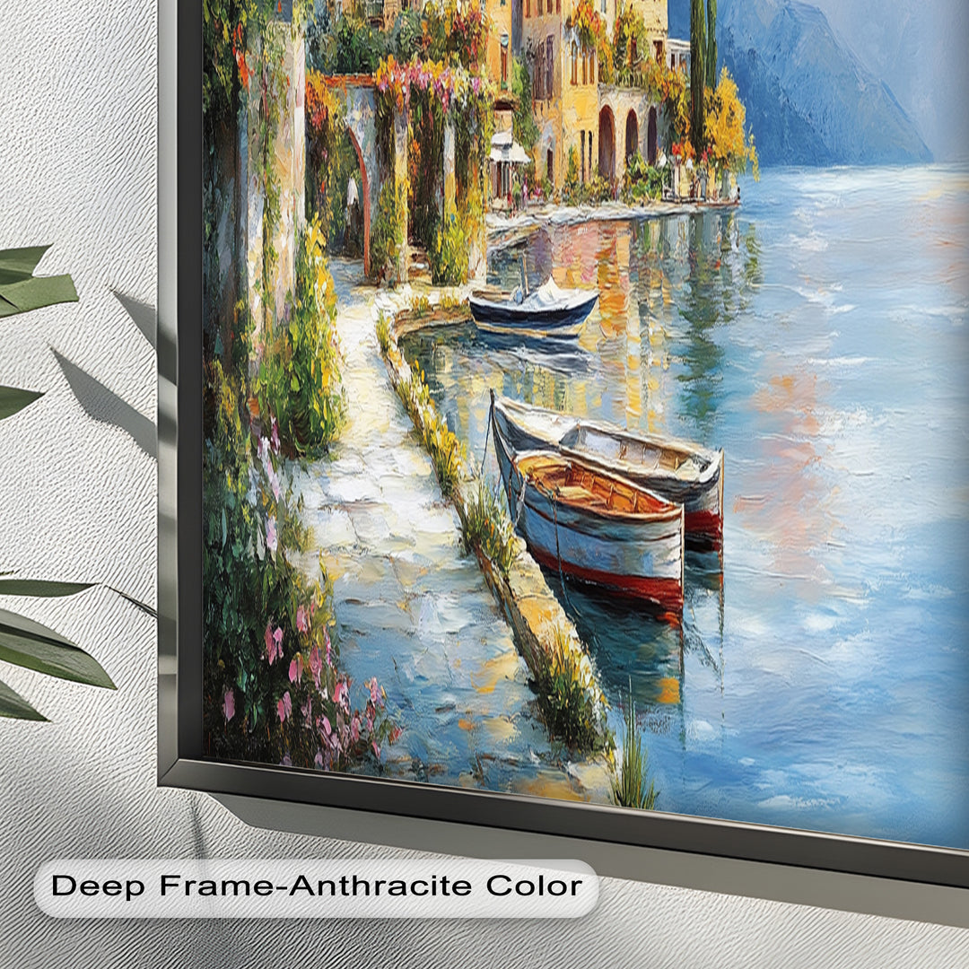 Italian Lake Village Wall Art – Mediterranean Oil Painting