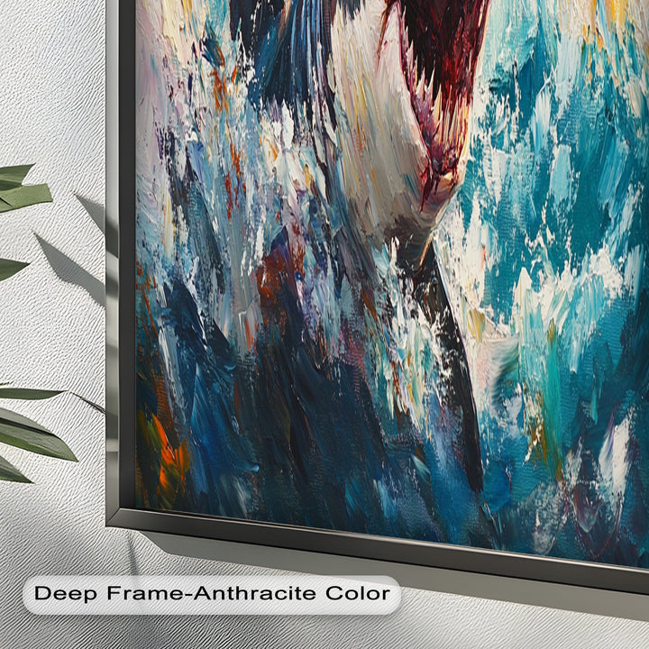 Ferocious Shark Emerging from Turbulent Waters – Animal Oil Painting