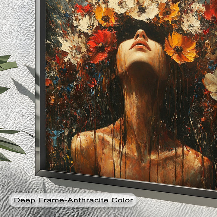 Floral Rebirth – Woman with Blossoming Crown Abstract Oil Painting
