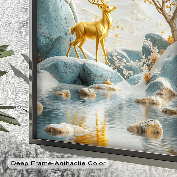 Golden Deer in Snowy Mountain - Animal Oil Painting