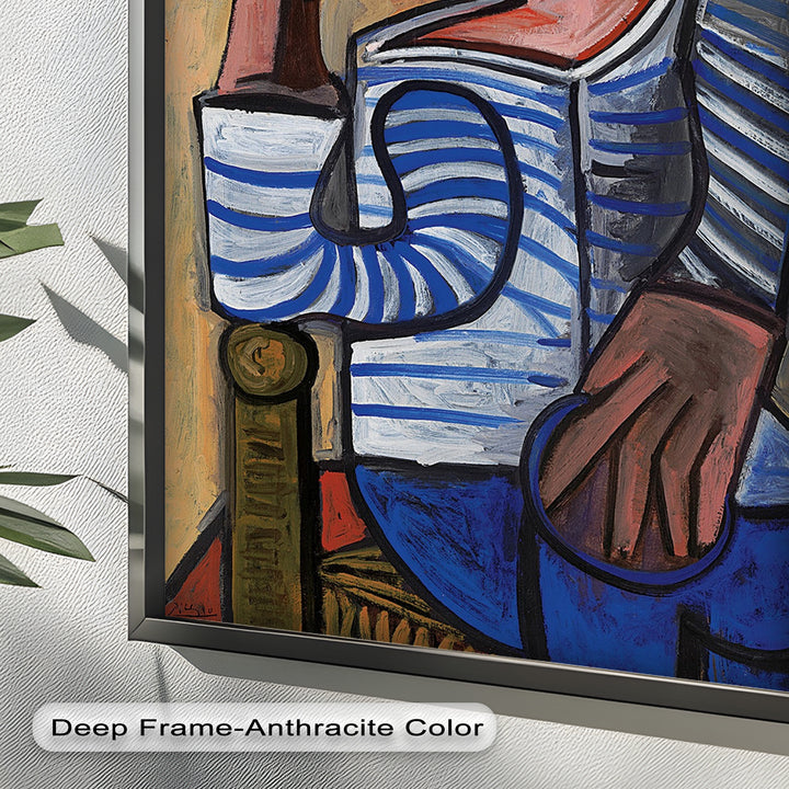 Melancholy in Stripes – Seated Man with Blue Shirt Picasso Oil Painting