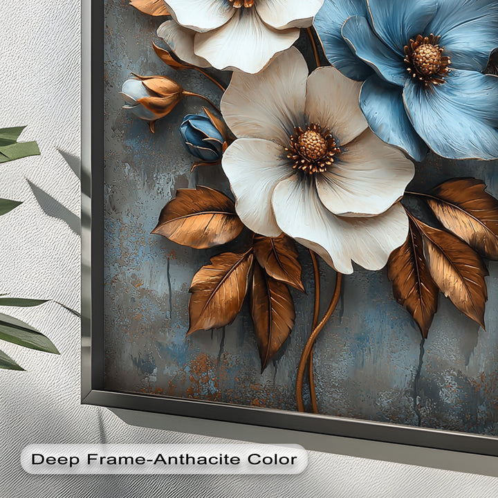 Gilded Petals – Luxuriöses Ölgemälde mit weißen und blauen Blumen