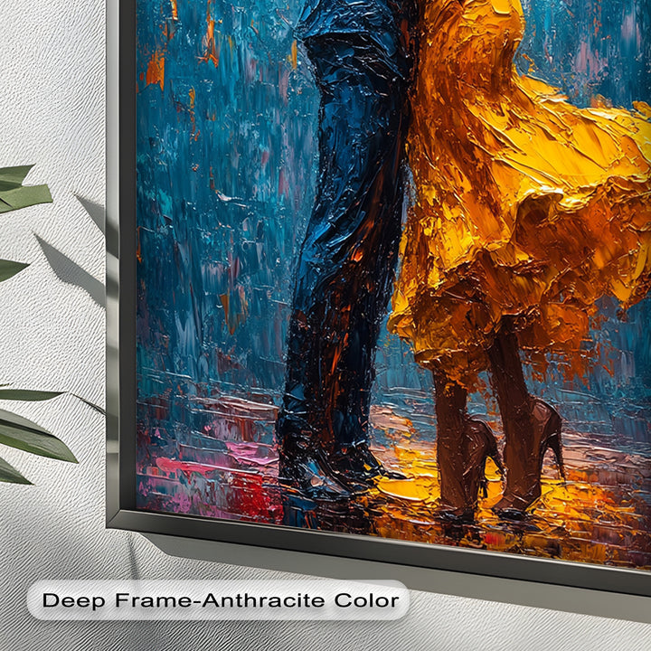 Midnight Embrace – Vibrant Couple in Yellow Dress Oil Painting