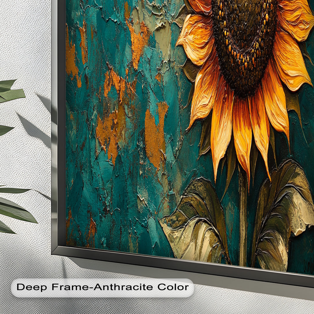 Sunflower on Textured Teal - Flower Oil Painting