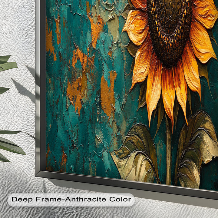 Sunflower on Textured Teal - Flower Oil Painting