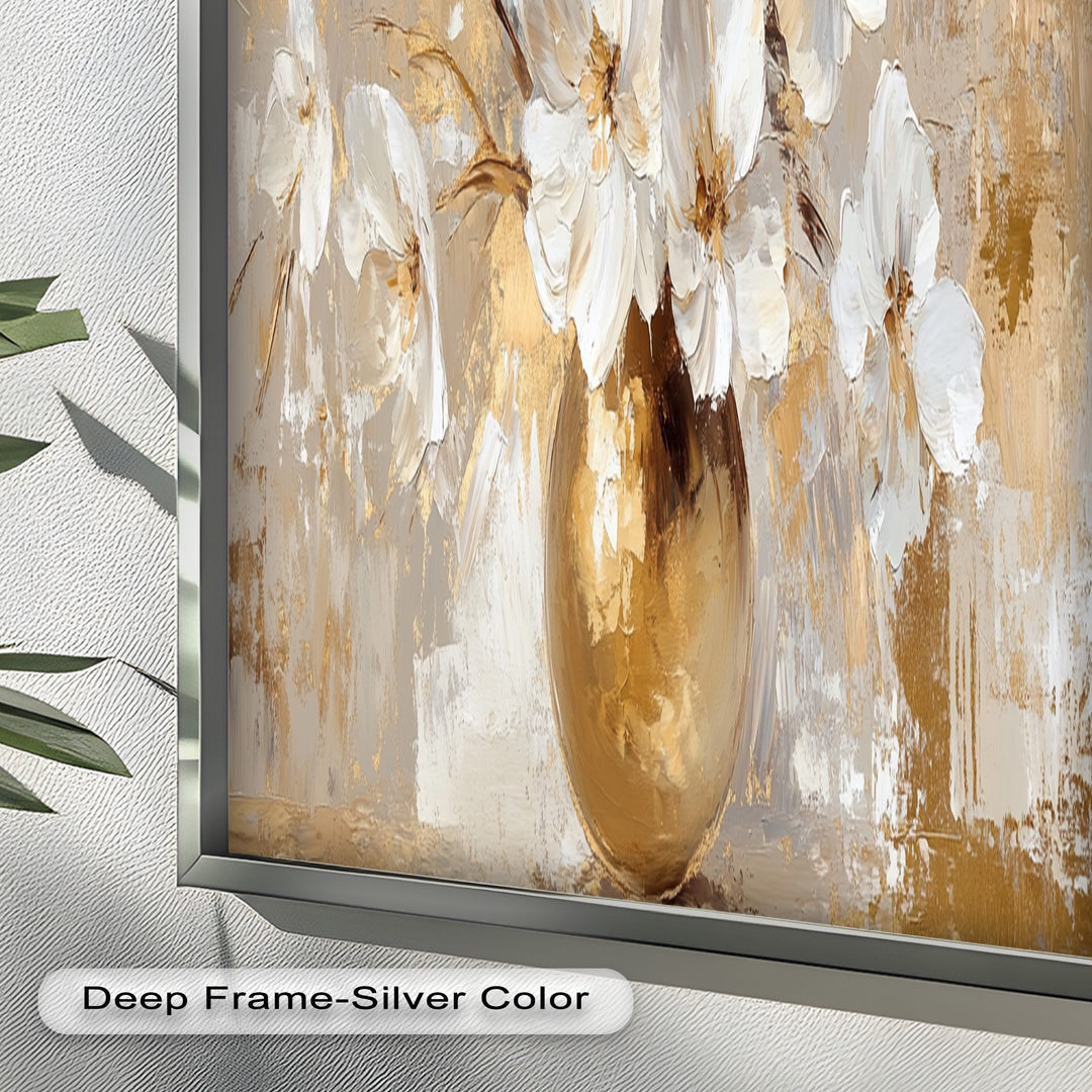 Golden Vase with White Florals – Flower Oil Painting