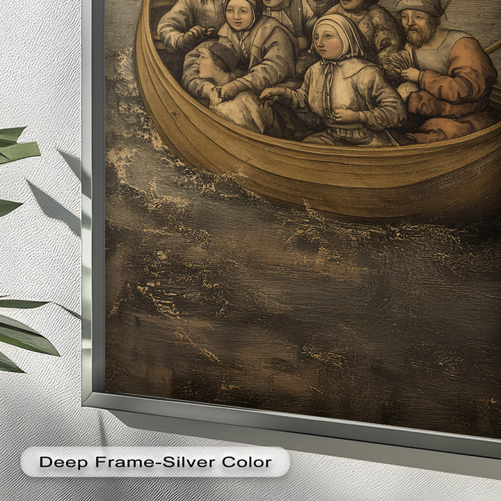 Medieval Sailors in Wooden Vessel - Historic Oil Painting