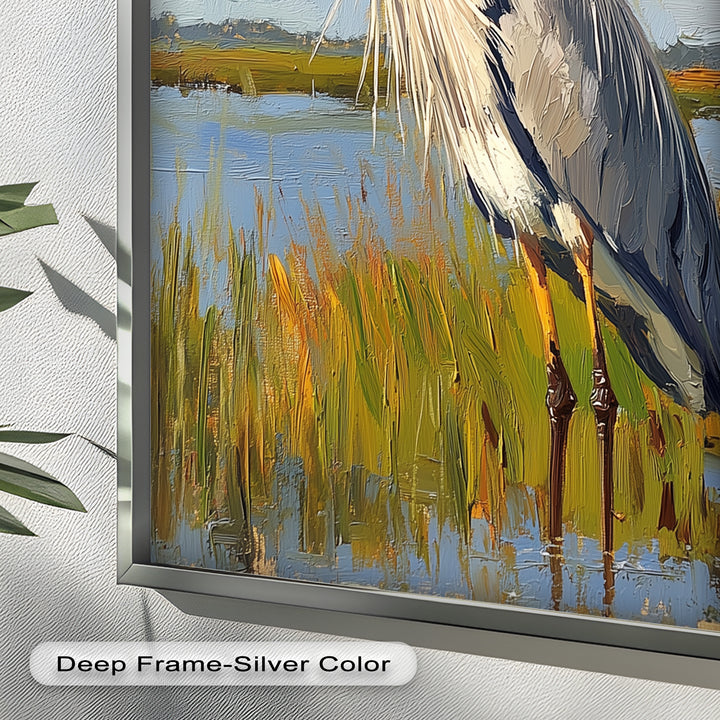 Heron in Sunlit Wetlands – Modern Oil Painting