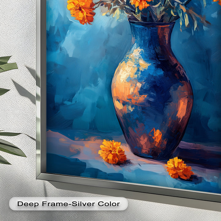 Golden Marigolds in Midnight Blue – Flower Oil Painting